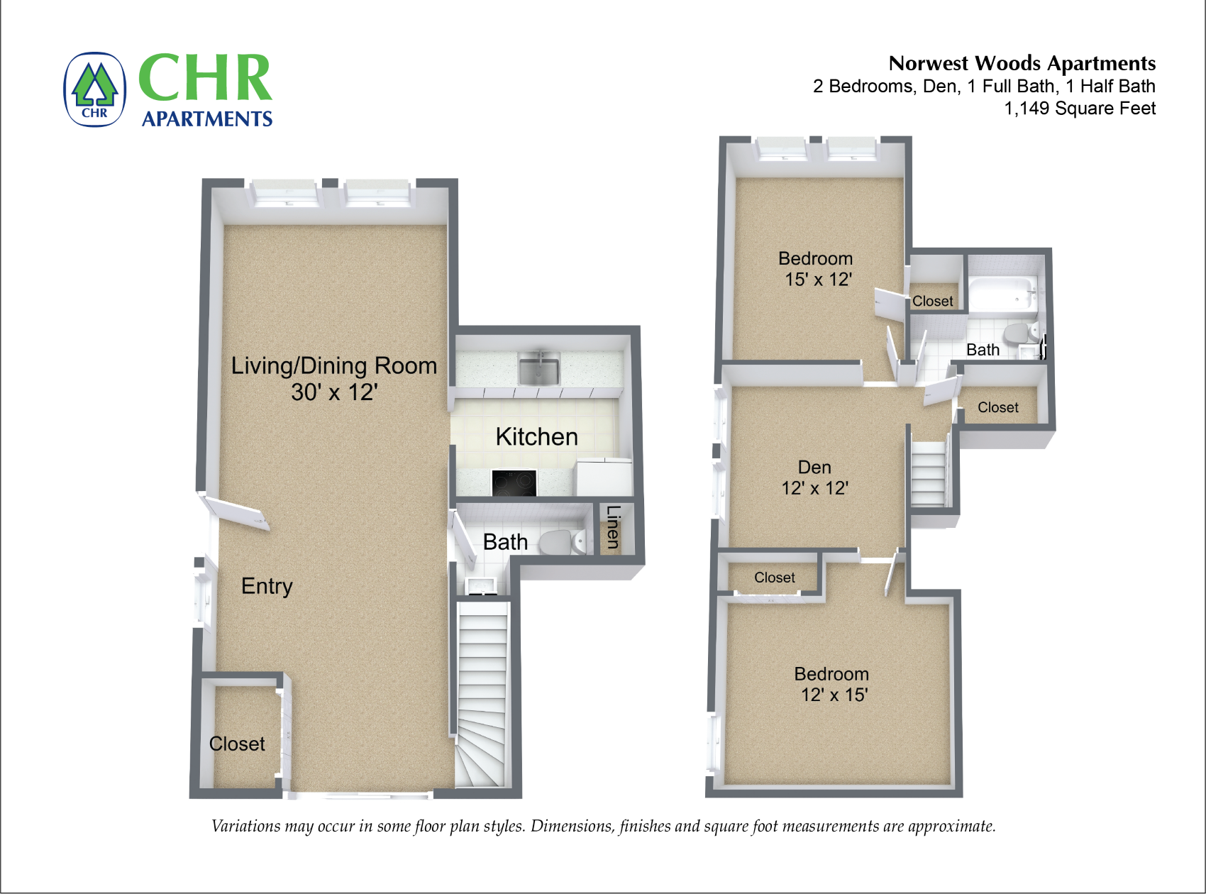 Floor plan for 2 beds, 1.5 baths, 1150 sqft